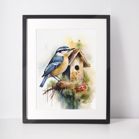 Red-breasted Nuthatch Bird Wall Art Watercolor Illustration Print Unframed - Picture 2 of 5